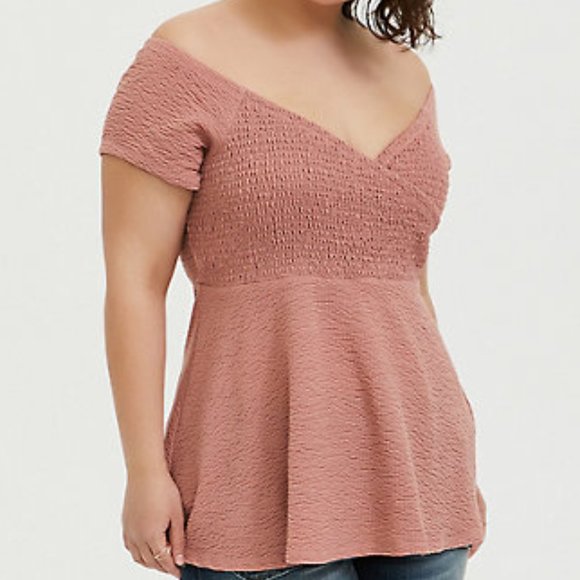 torrid Tops - Torrid 0 Smocked Off Shoulder Babydoll Dusty Pink